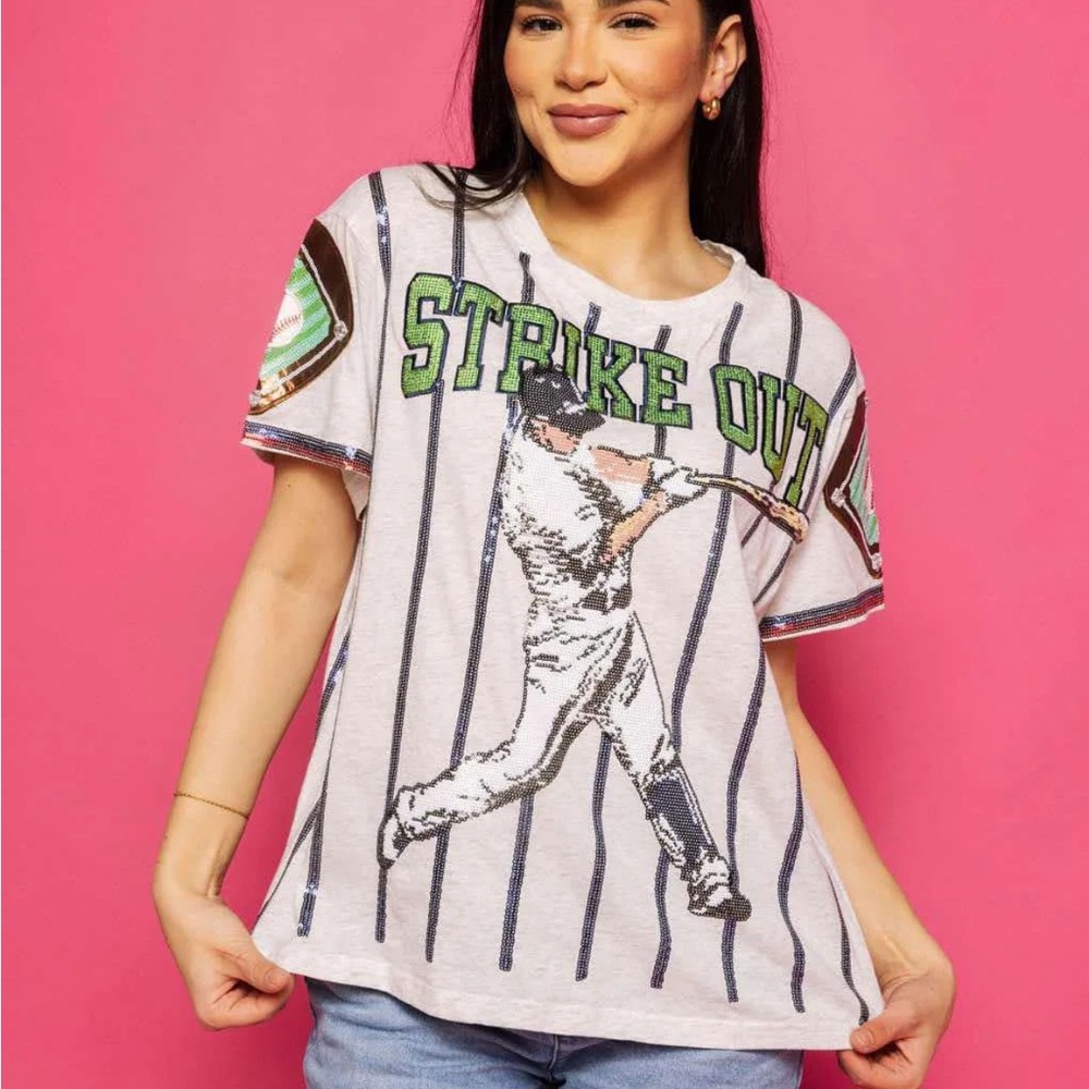 NWT QUEEN OF SPARKLES QOS Baseball Strike Out Tee Grey & Royal